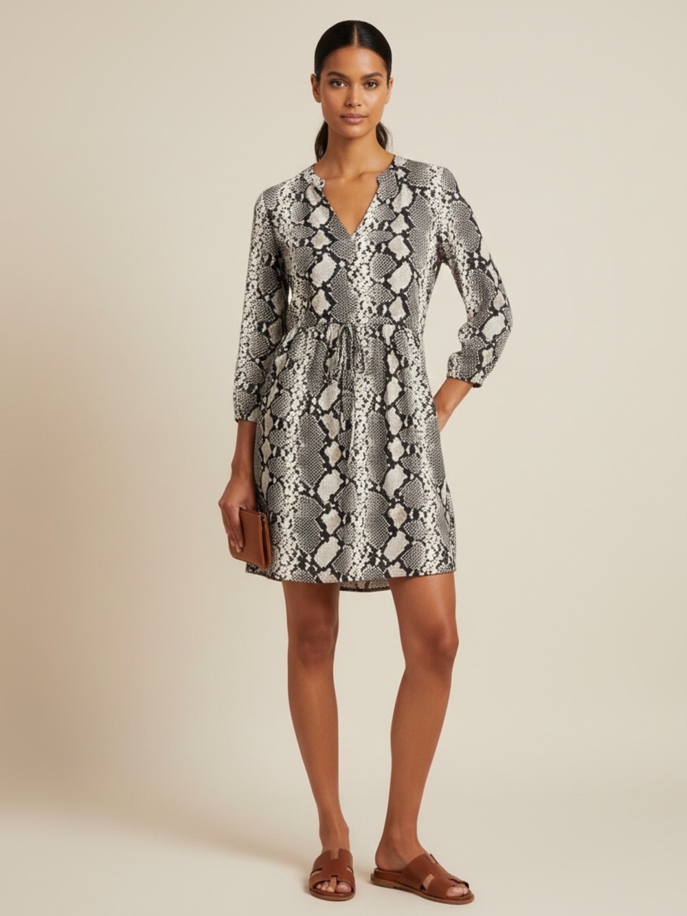Maeve Anthropologie Women's Sz S Juno Tan Python Snake Print Dress 3/4 Sleeve